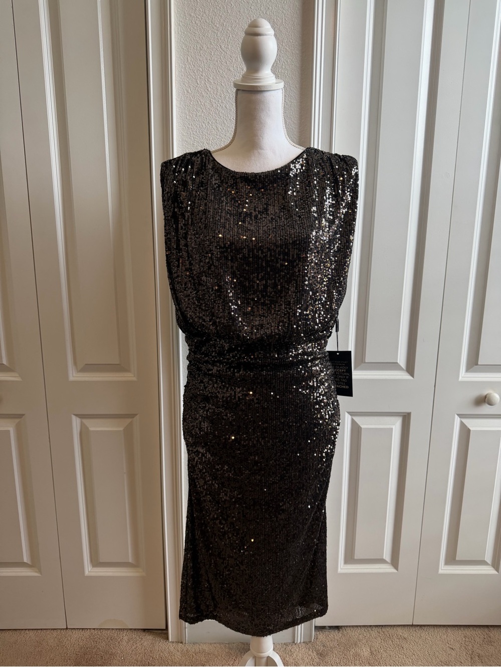 NWT White House Black Market Gunmetal Sequin Ruched Midi Dress L